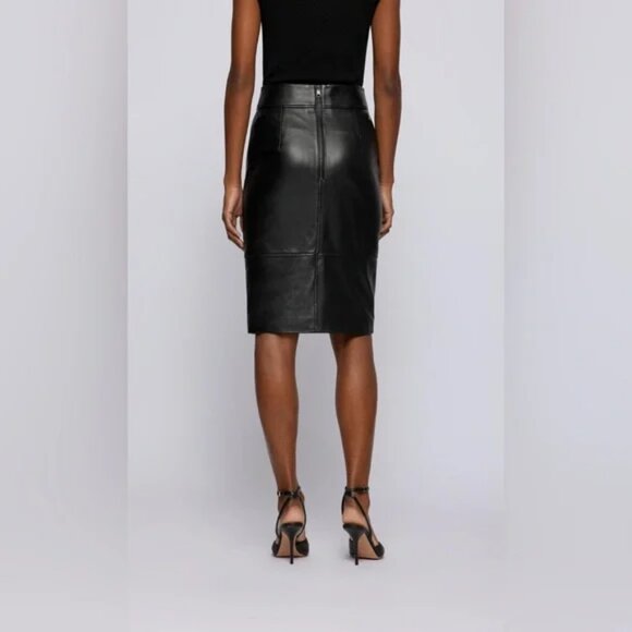 HUGO BOSS Leather Pencil Skirt 6 SELRITA Black Slim Fit Knee Length Classy Edgy - Picture 7 of 14